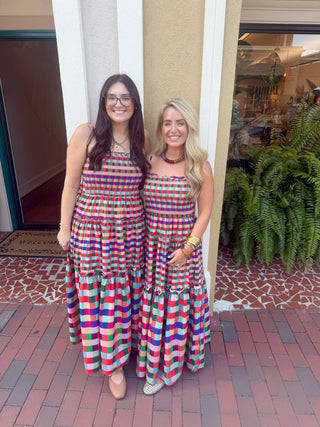 Smocked Bodice Plaid Tiered Maxi Dress