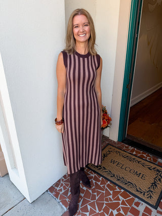 Mocha Striped Sweater Midi Dress