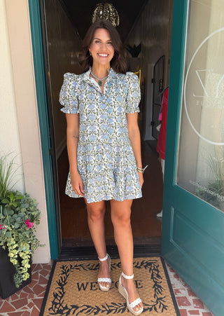 Floral Print Puff Sleeve Button Front Dress