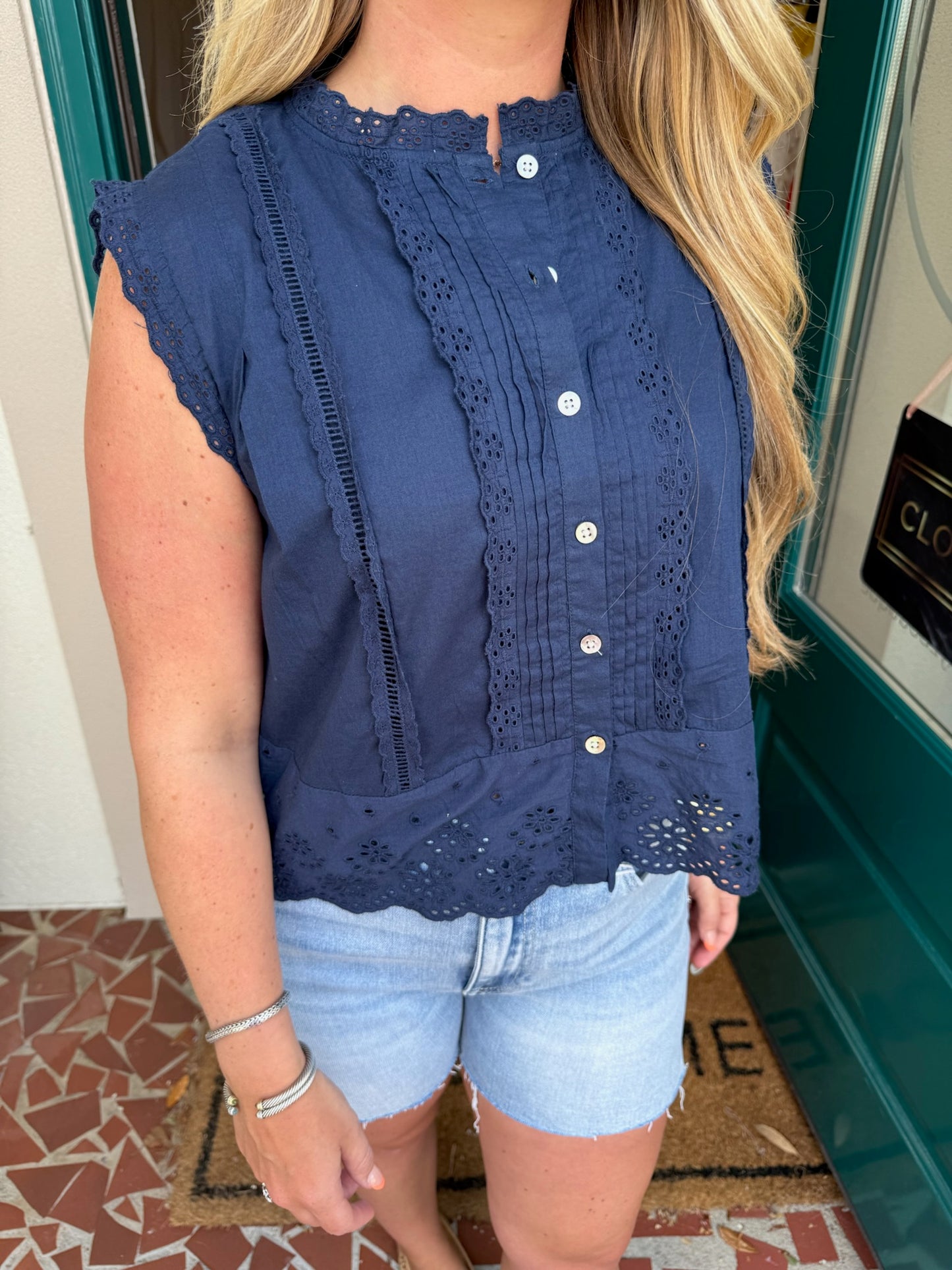 Navy Eyelet Lace Trim Top
