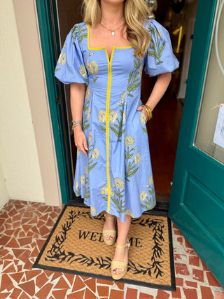 Puff Sleeve Waist Pleated Floral Midi Dress