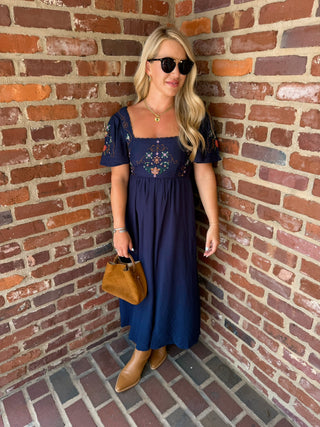 Embroidery Detail Bell Sleeve Midi Dress