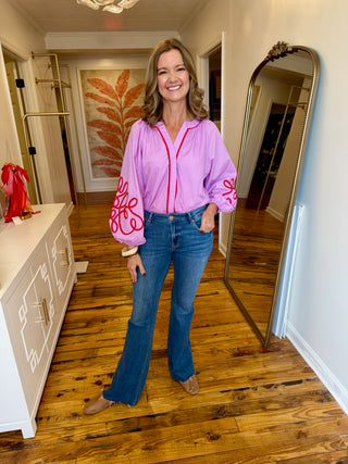 Soutache Contrast Detail Puff Sleeve Blouse