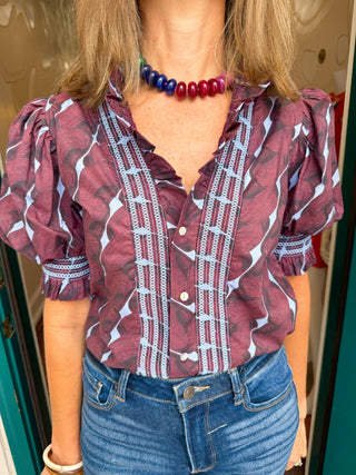 Ruffle Neck Button Down Top
