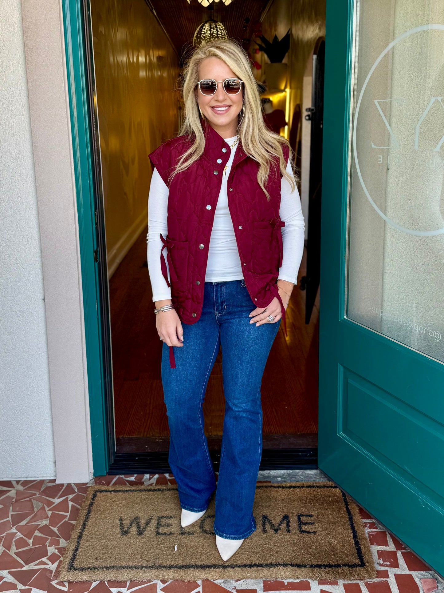 Tie Detail Snap Button Down Quilted Puffer Vest