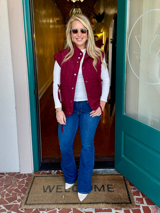 Tie Detail Snap Button Down Quilted Puffer Vest