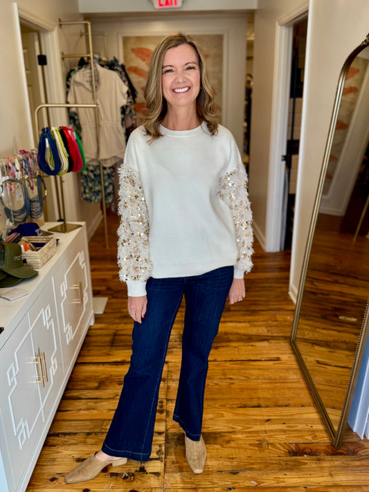 Contrast Sequin Embellished Faux Feather Sleeve Crew Neck