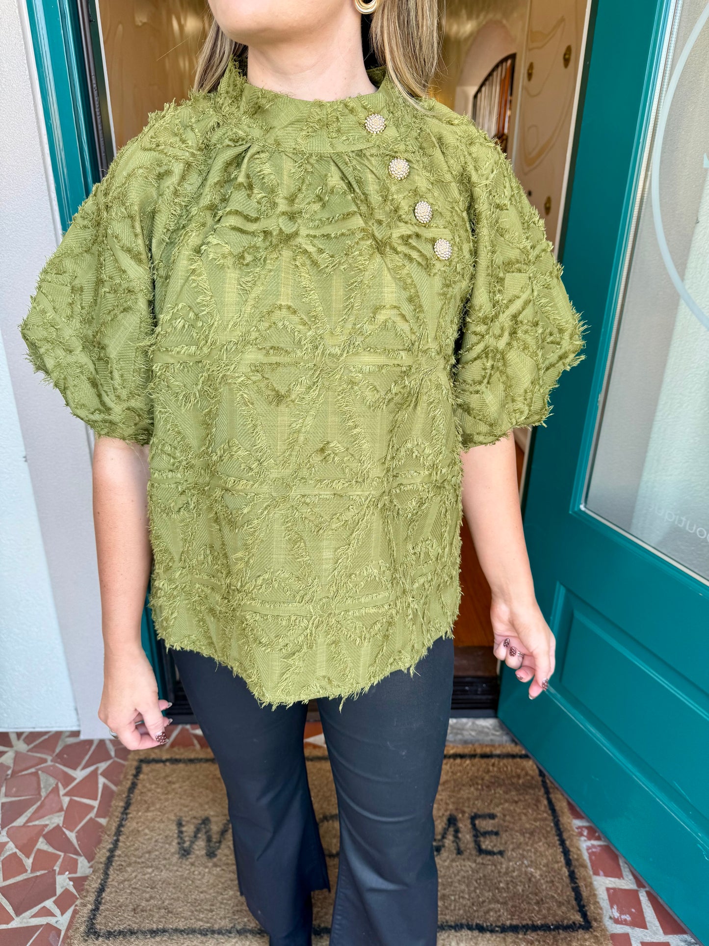 Green Textured Puff Sleeve Button Top