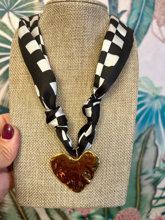 Black Checked Gold Heart Scarf Necklace