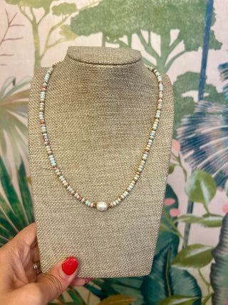 Aqua Beaded Pearl Accent Necklace