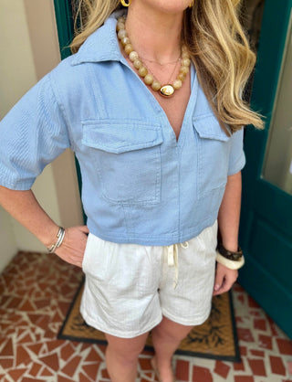 Blue Collared V Neck Top