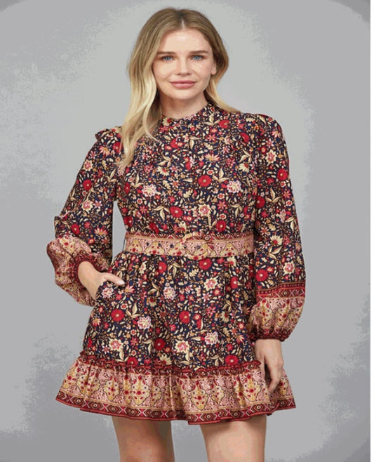 Navy Border Print Belted Dress