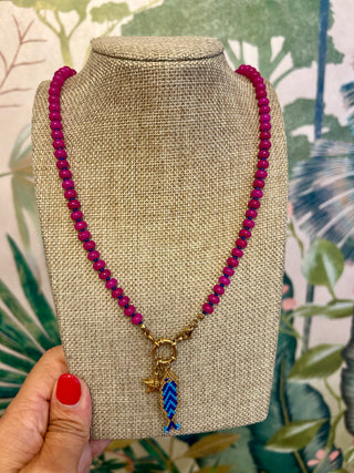 Hot Pink Beaded Seabead Fish Necklace