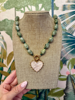 Green Beaded Natural Stone with Pearlized Heart Charm