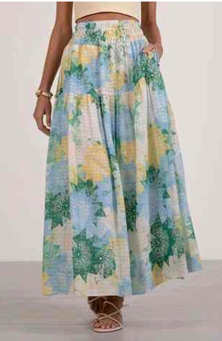 Abstract Pattern Smocked Midi Skirt