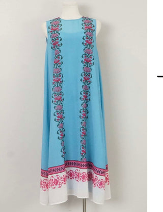 Blue Border Print Sleevless Dress