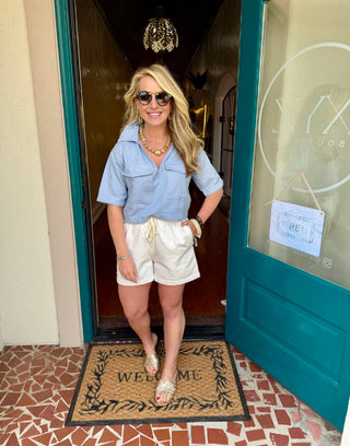Blue Collared V Neck Top