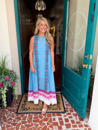 Blue Border Print Sleevless Dress