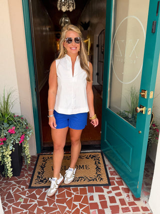 White Stand Collar V Neck Top