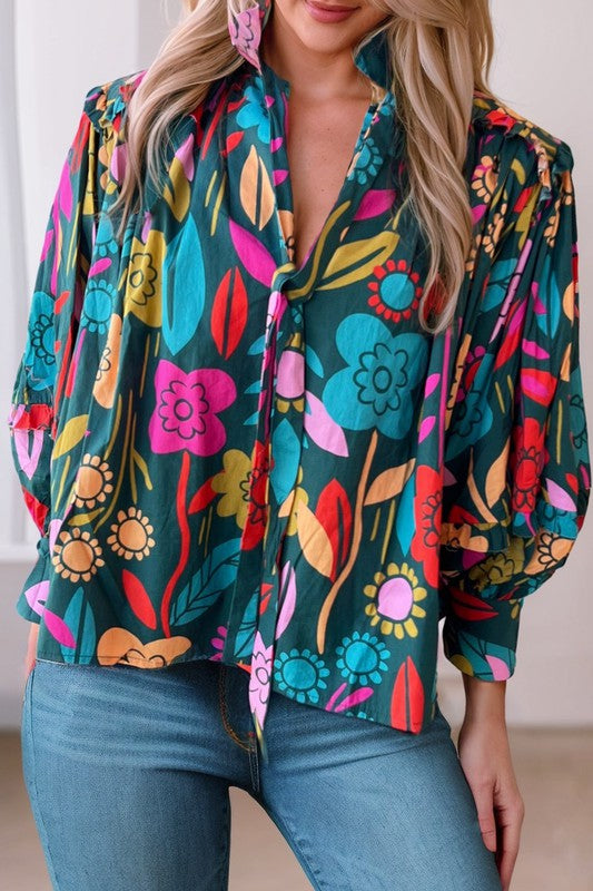 Floral Split Neck Puff Sleeve Top