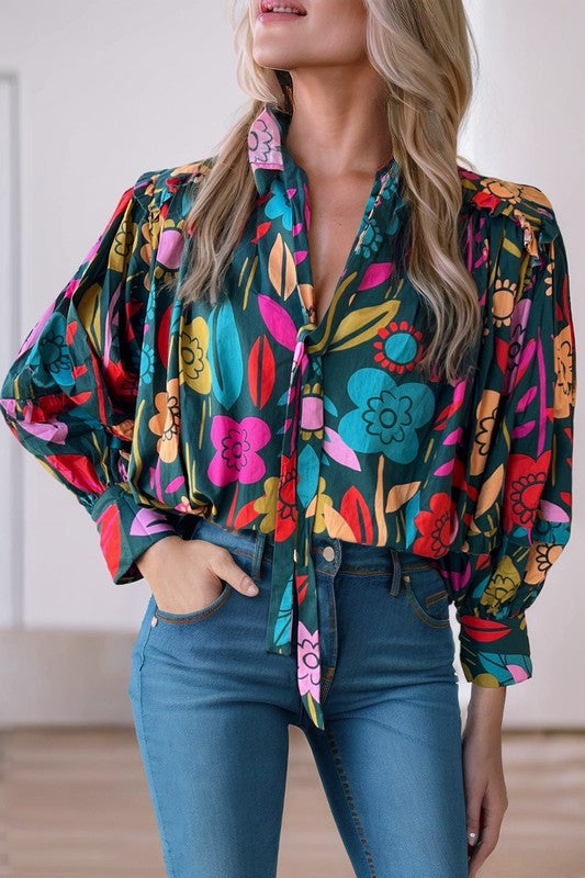 Floral Split Neck Puff Sleeve Top