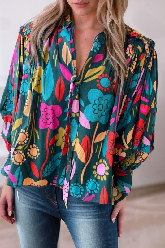 Floral Split Neck Puff Sleeve Top