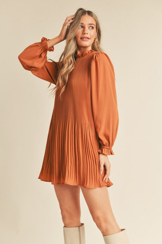 Honey Ginger Pleated High Neck Dress