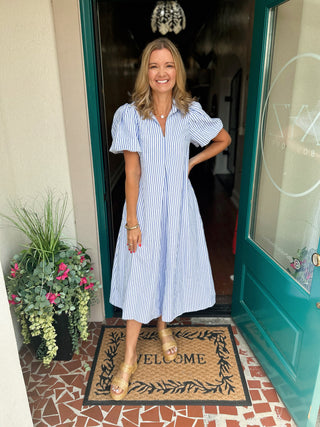 Collar V-neck Puff Sleeve Stripe Pleated Midi Dress