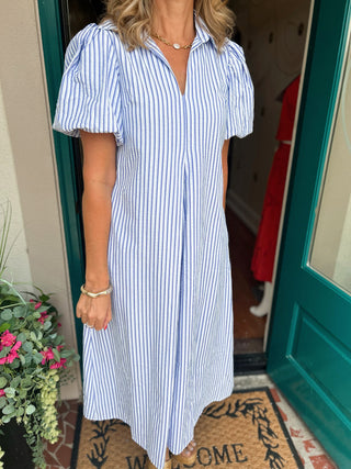 Collar V-neck Puff Sleeve Stripe Pleated Midi Dress