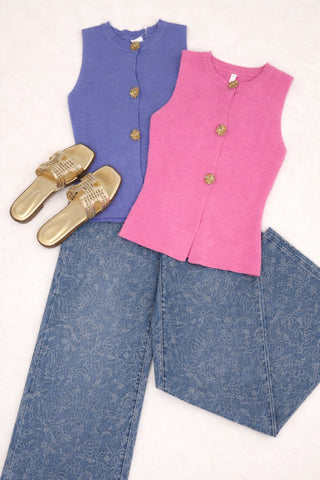 Sleeveless Gold Button Sweater Vest Top