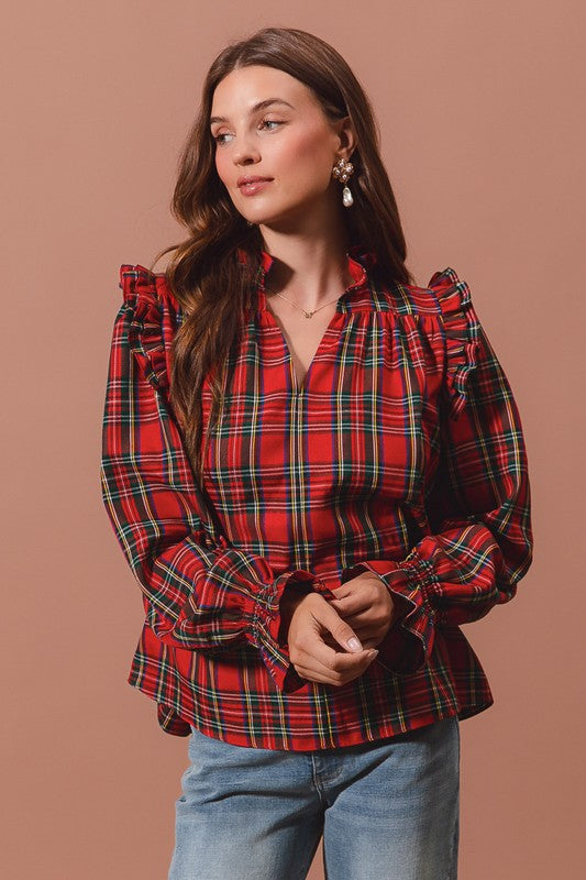 PREORDER Plaid Ruffle Neck Top