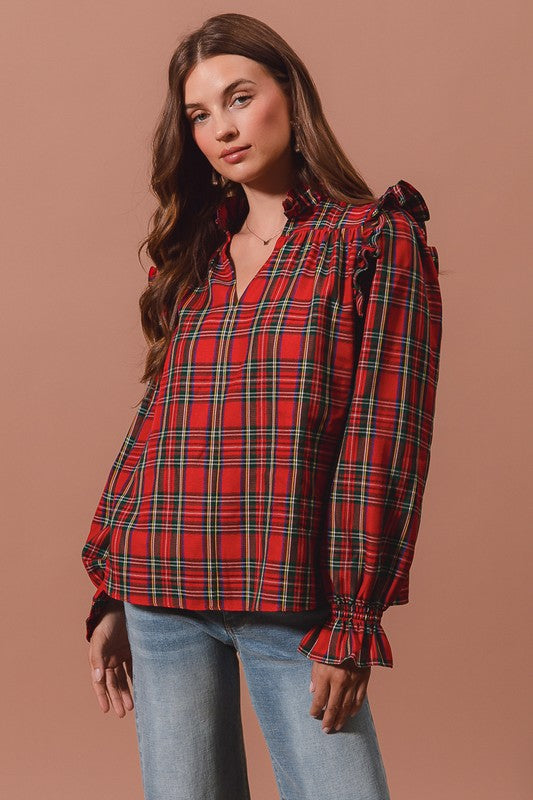 PREORDER Plaid Ruffle Neck Top