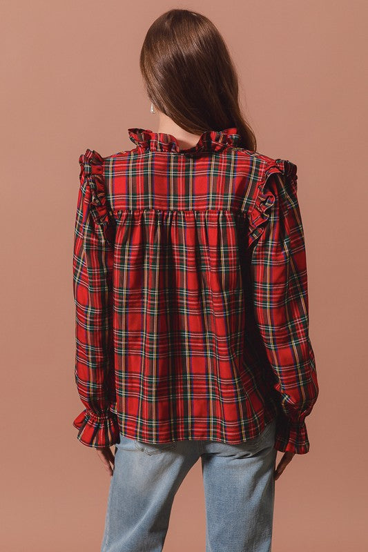 PREORDER Plaid Ruffle Neck Top