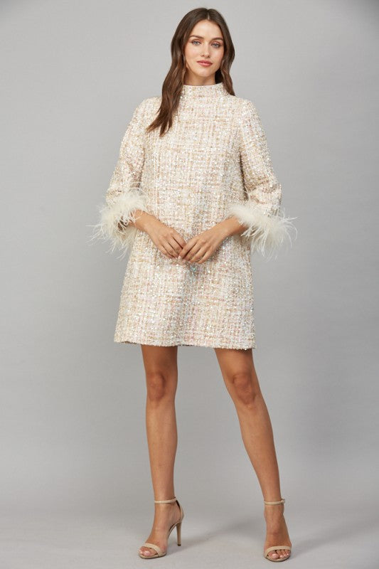 PREORDER 11/30 Feather Trim Sequin Tweed Dress
