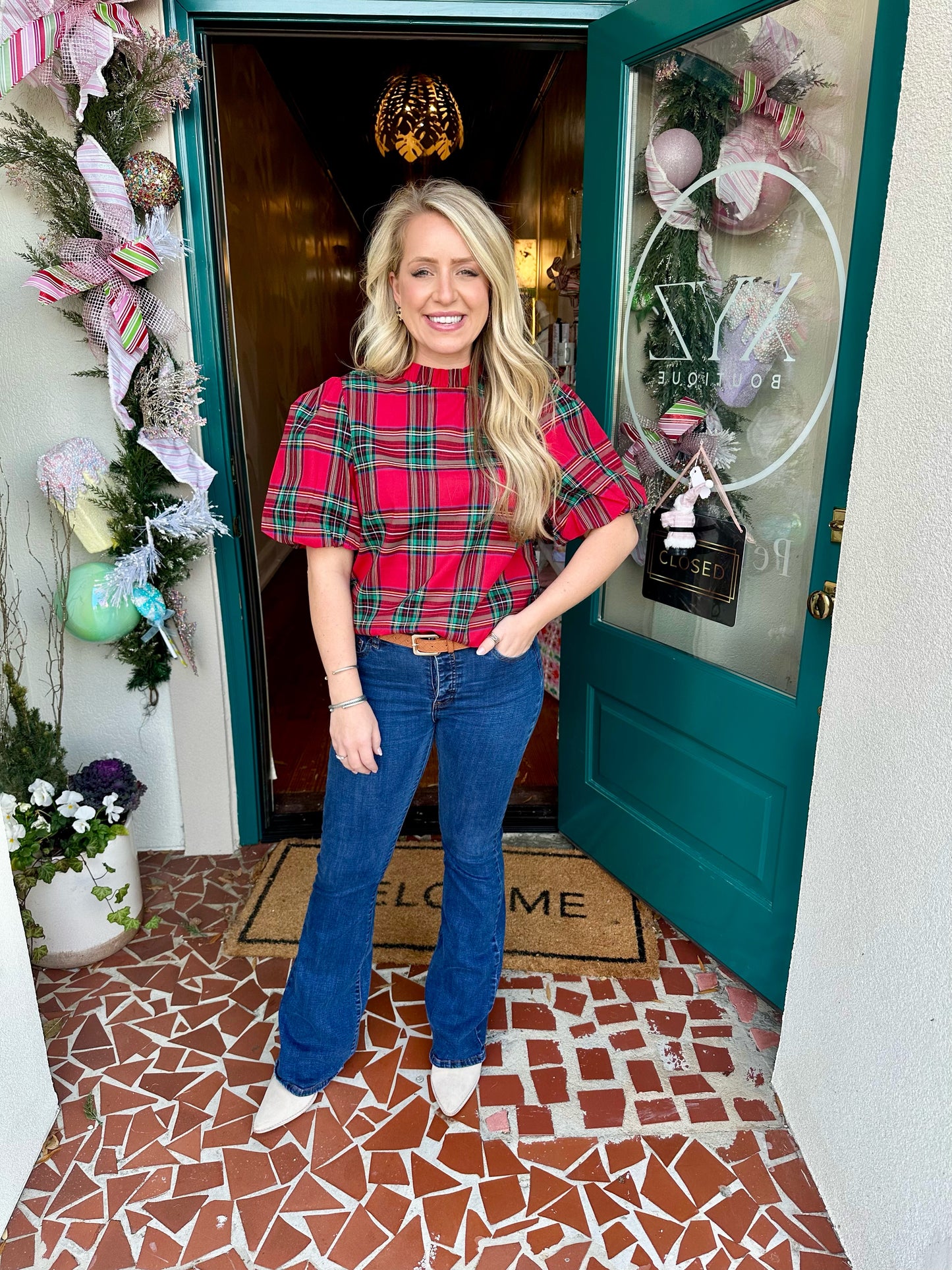 Plaid Ruffle Neck Top