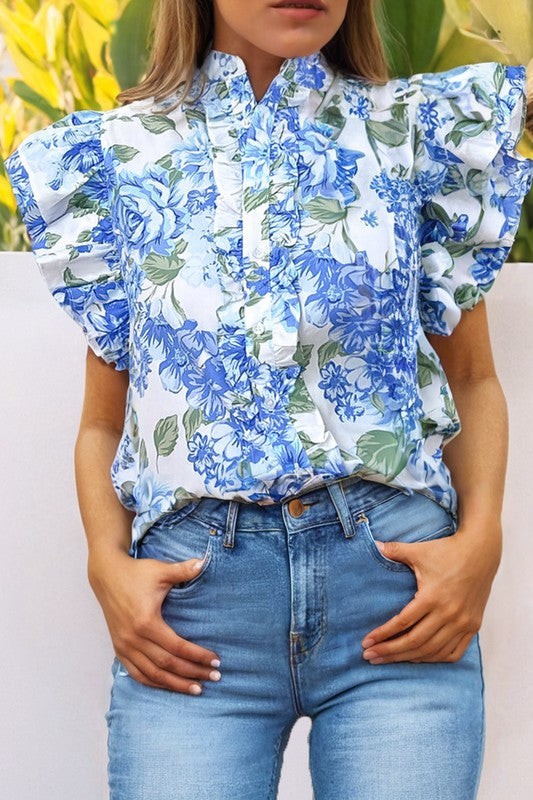 Spring Blue Floral Ruffle Sleeve Top
