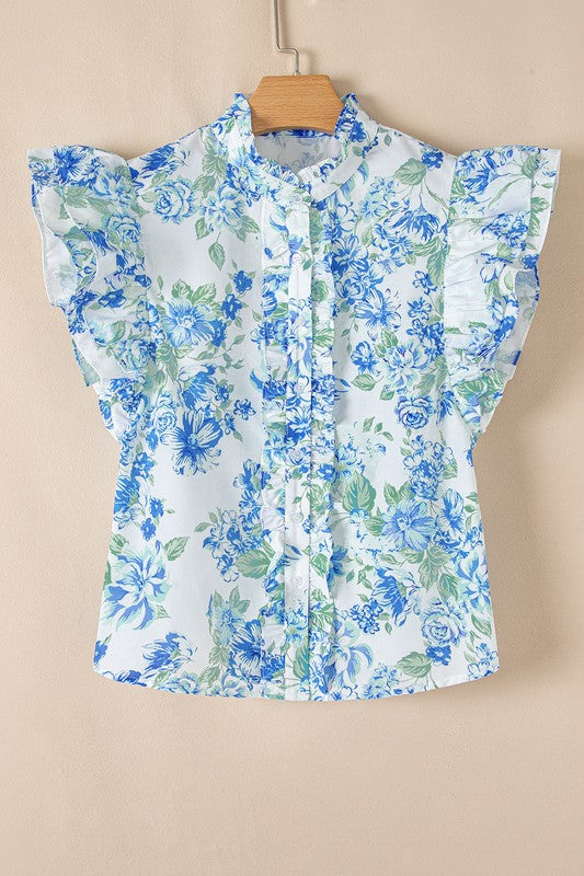 Spring Blue Floral Ruffle Sleeve Top PREORDER FEB