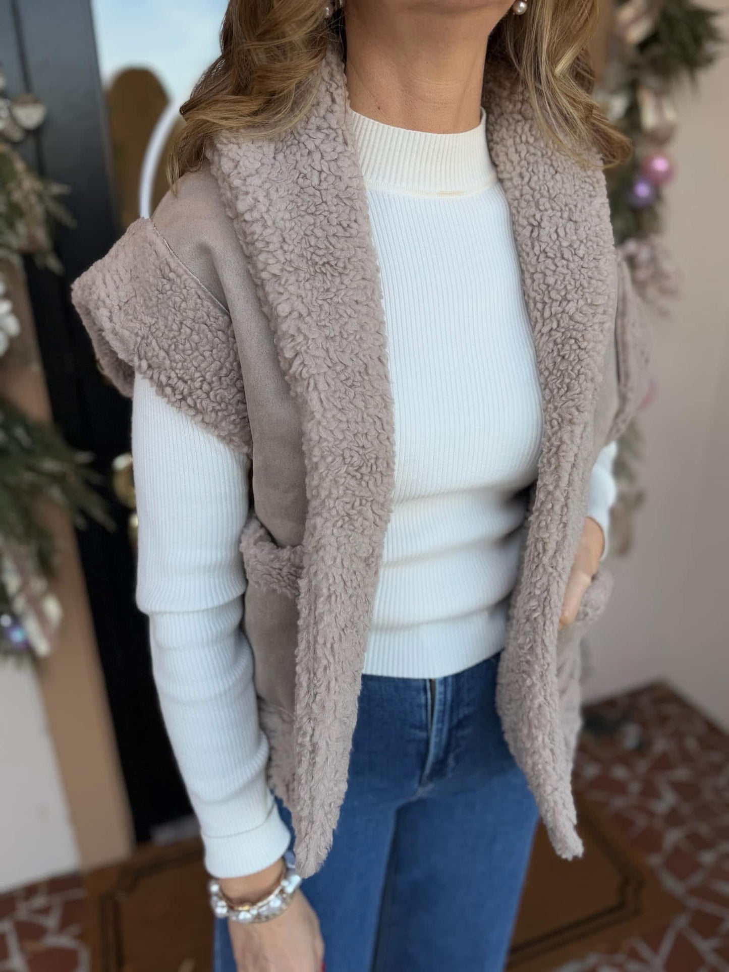 Faux Taupe Suede Shearling Lined Vest