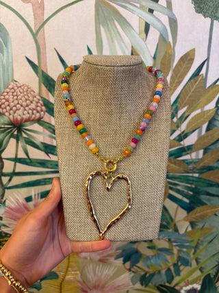 Rainbow Beaded Large Heart Necklace