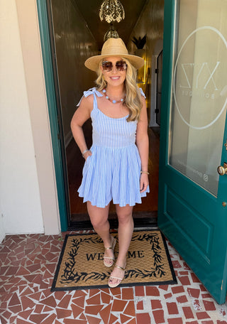 Blue Tie Strap Pleated Romper