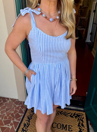 Blue Tie Strap Pleated Romper