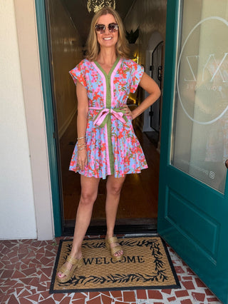 Floral Short Sleeve Contrast Binding Dress