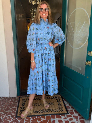 Blue Floral Print Ruffled Neck Dress