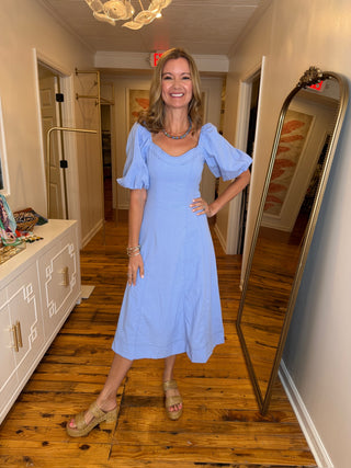 Square Neck Puff Sleeve Smocked Back Midi Dress