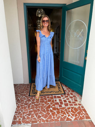 Blue Ruffle Sleeve Maxi Dress