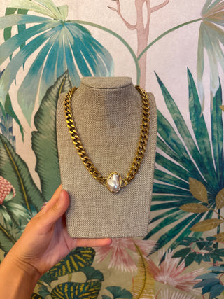 Gold Chain Oval Pearl Drop Necklace