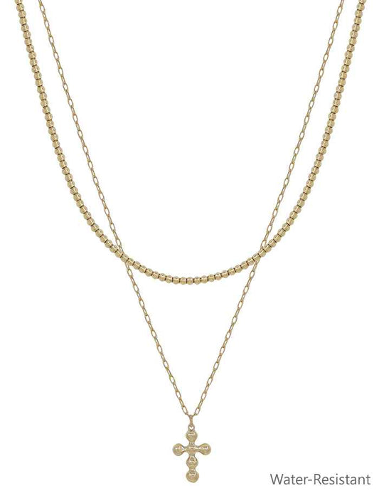 Gold Beaded & Cross Layered Necklace-Water Resistant