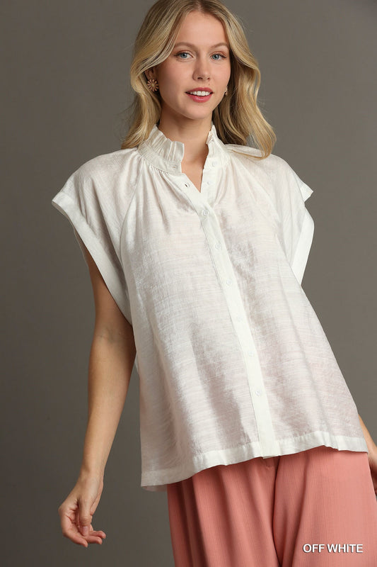 Solid High Neck Ruffle Button Down Top