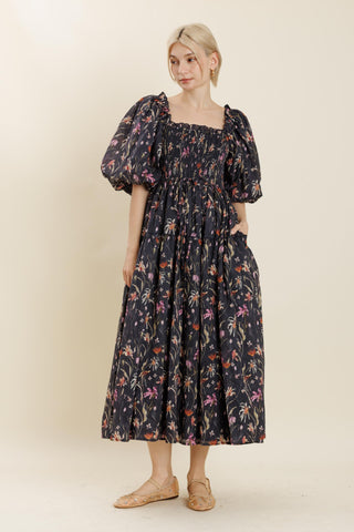 Navy Floral Smocked Maxi Dress
