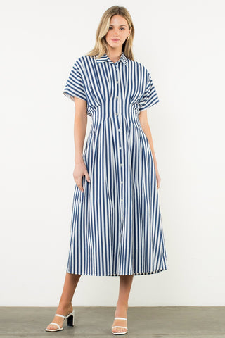 Navy Button Up Short Sleeve Striped Maxi Dress